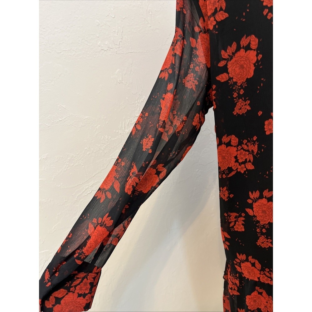 Zara Floral Mini Dress Womens L Black Red Rose Ruffle V-Neck Long Sleeve Good - Picture 10 of 11